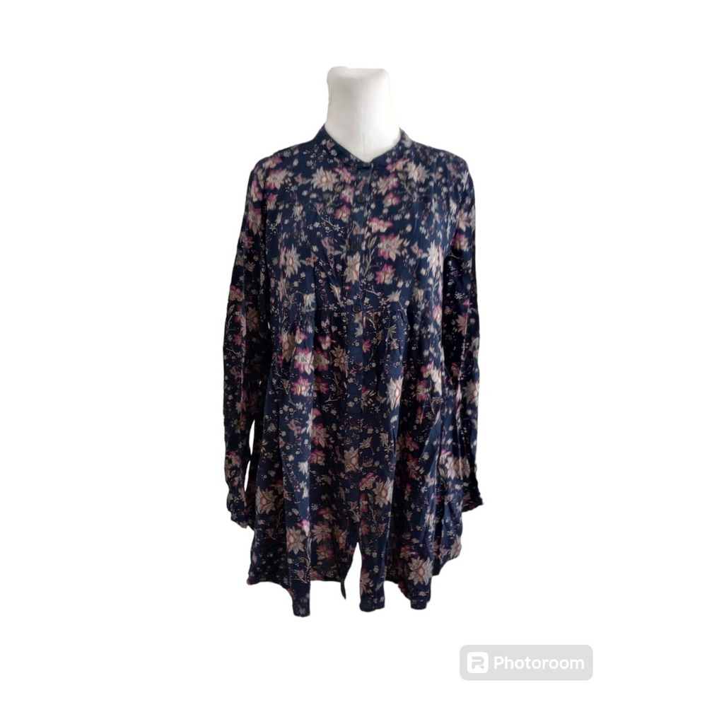 En Creme Long Sleeve Boho Floral A Line Peasant Button Blouse Blue Sz L Flowy